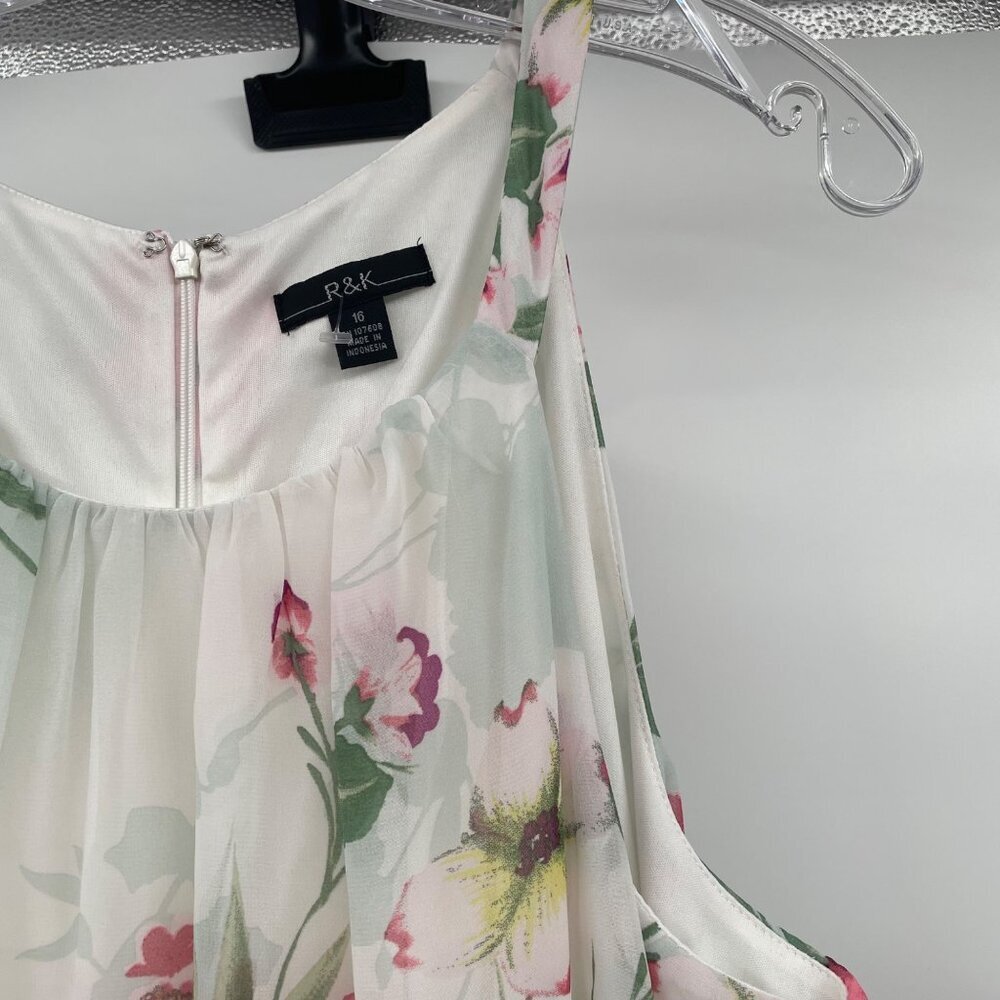 R&K Floral Maxi Dress Sleeveless Ruffle Green/Multi Size 16 Belted - Picture 4 of 9